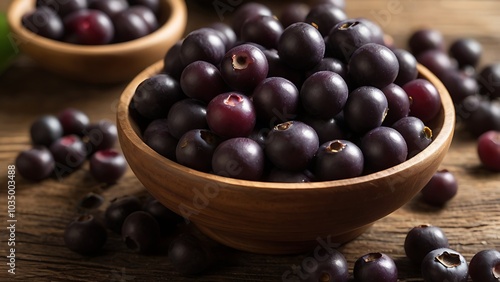 A close-up of nutrient-rich Brazilian açaí berries in a rustic wooden bowl, showcasing their deep purple hue and superfood status.