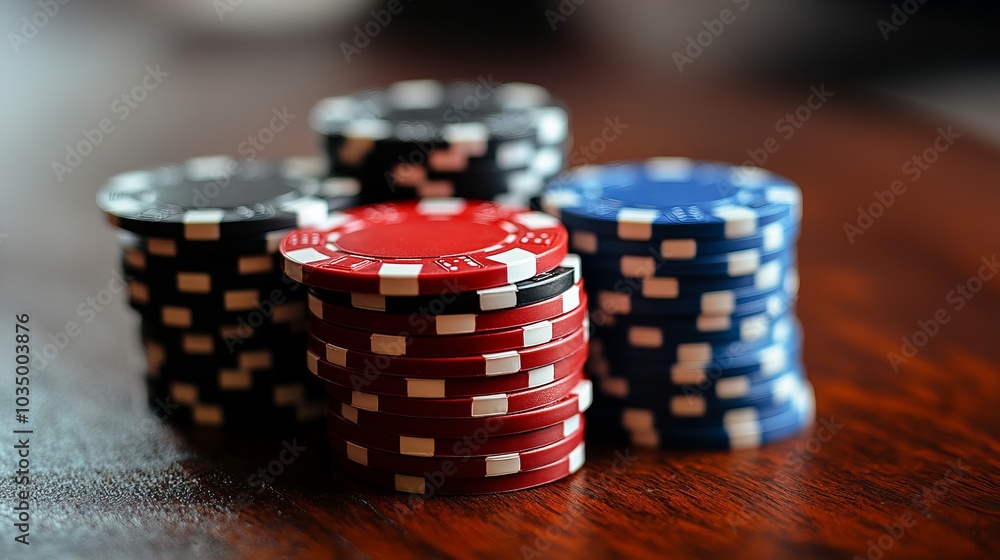 A close-up view of arranged colored poker chips in red, blue, and black hues, stacked on a wooden surface, symbolizing gambling and risk. A close-up view of arranged colored poker chips in red, blue, and black hues, stacked on a wooden surface, symbolizing gambling and risk.