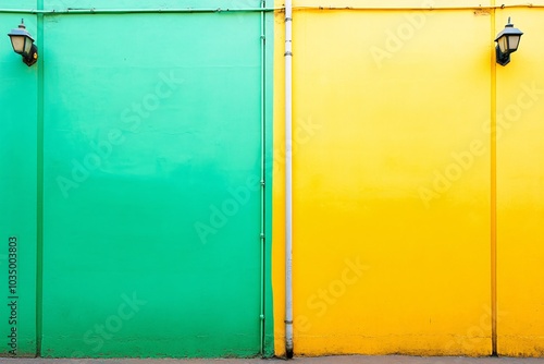 Green and Yellow Wall with Street Lamps - Minimalist Urban Architecture