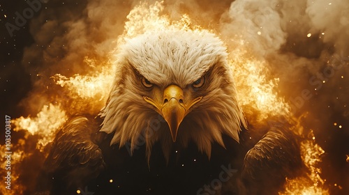 A powerful, intense image of an eagle surrounded by fierce flames, symbolizing strength, power, and freedom in a dramatic and visually stunning composition. photo