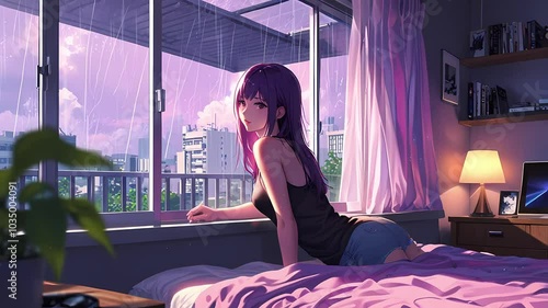 A young Asian woman with purple hair relaxes in her cozy bedroom, gazing out at the rainy cityscape through a large window. created with generation ai