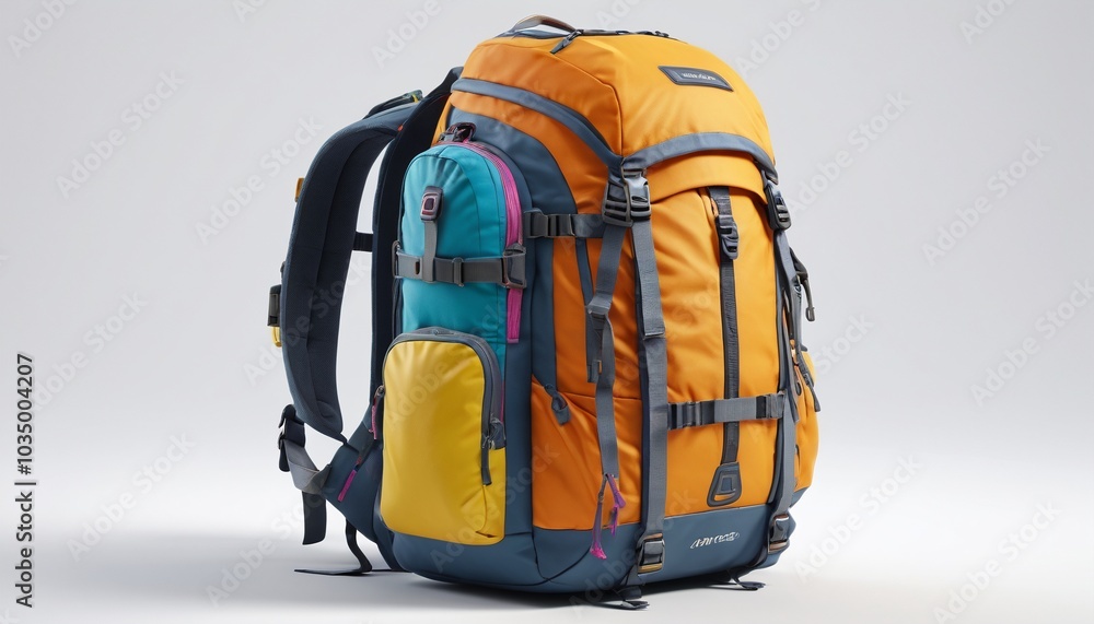A colorful model of a character�s backpack filled with adventure gear on a bright white surface, emphasizing exploration, Generative AI A colorful model of a character�s backpack filled with adventure gear on a bright white surface, emphasizing exploration, Generative AI