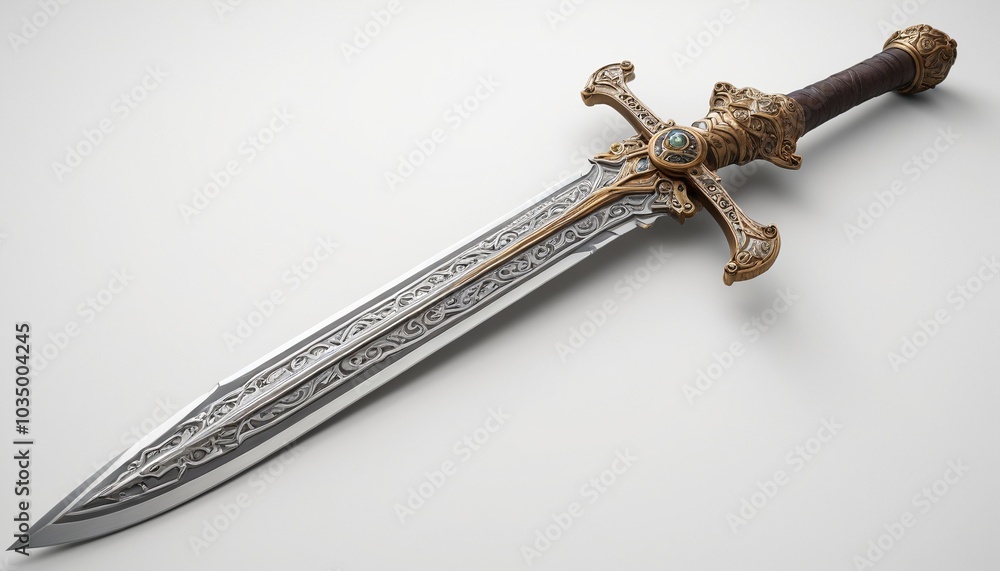 A bold model of a medieval sword with an ornate hilt resting on a smooth white surface, representing historical gaming themes, Generative AI A bold model of a medieval sword with an ornate hilt resting on a smooth white surface, representing historical gaming themes, Generative AI