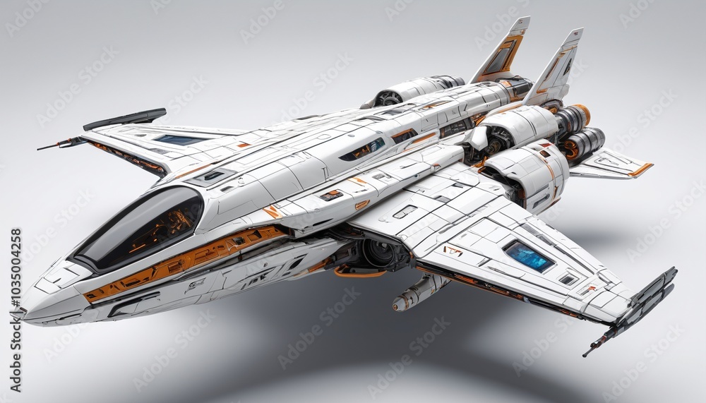 A detailed model of a futuristic spaceship with intricate designs resting on a polished white surface, embodying space exploration, Generative AI A detailed model of a futuristic spaceship with intricate designs resting on a polished white surface, embodying space exploration, Generative AI