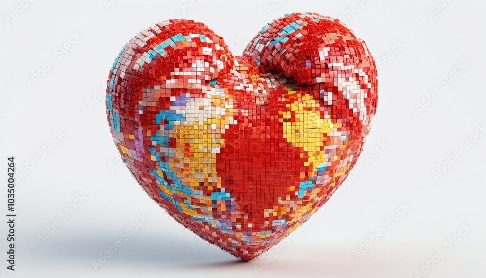 A vibrant model of a pixelated heart item displayed on a bright white surface, symbolizing health in retro games, Generative AI A vibrant model of a pixelated heart item displayed on a bright white surface, symbolizing health in retro games, Generative AI
