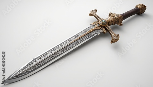 A bold model of a medieval sword with an ornate hilt resting on a smooth white surface, representing historical gaming themes, Generative AI