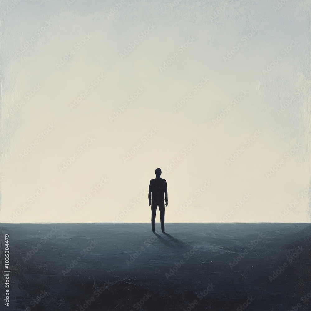 Solitary Figure Standing Against Vast Horizon in Minimalist Landscape Solitary Figure Standing Against Vast Horizon in Minimalist Landscape