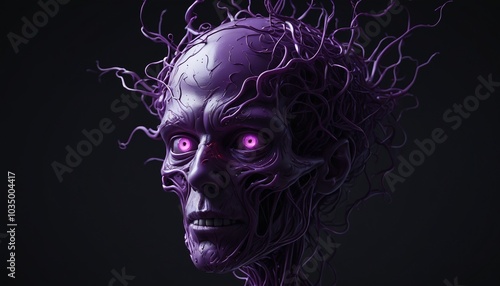 A floating, disembodied head with glowing purple eyes and tendrils of shadow swirling beneath, cackling menacingly in the darkness, Generative AI photo