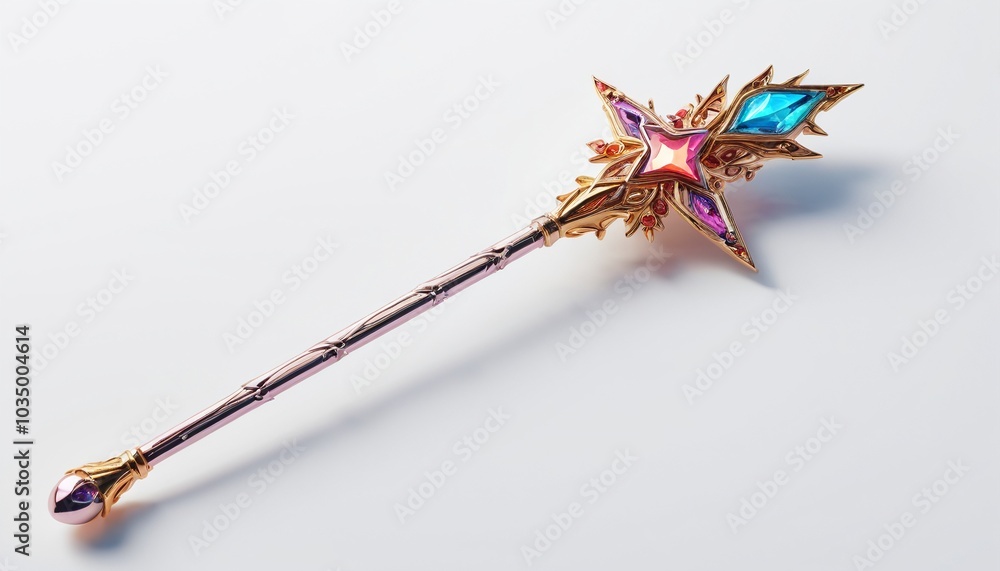 A vibrant model of a magic wand with sparkling effects resting on a bright white surface, embodying the essence of fantasy gameplay, Generative AI A vibrant model of a magic wand with sparkling effects resting on a bright white surface, embodying the essence of fantasy gameplay, Generative AI