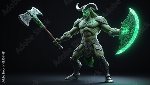 A massive, armored centaur with glowing green runes etched into its body, wielding a giant axe, standing in the darkness, Generative AI photo