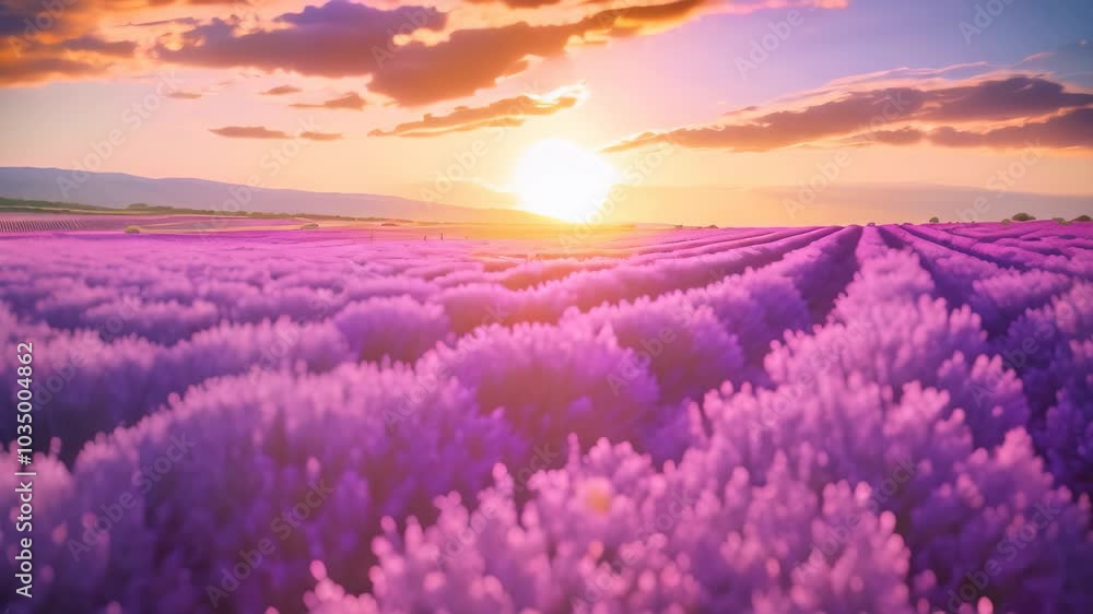 The sun is sinking below the horizon, casting a warm glow over a vibrant lavender field, Sunrise over fields of lavender in full bloom The sun is sinking below the horizon, casting a warm glow over a vibrant lavender field, Sunrise over fields of lavender in full bloom
