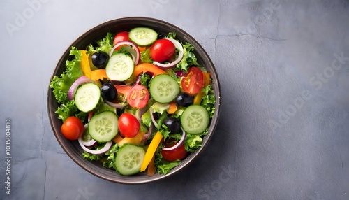 Fresh green lettuce leaves & vegetable salad. healthy diet nutrition meal & symbol of health, freshness & natural ingredients. empty space, top view