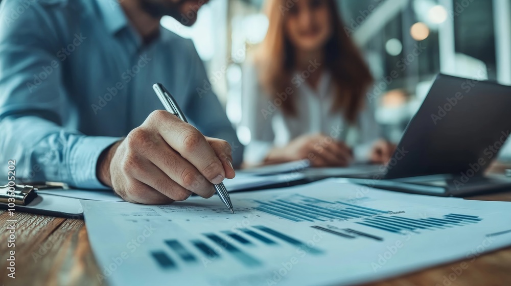 A professional setting with two people reviewing financial charts and data in an office, indicating a business meeting or financial analysis session. A professional setting with two people reviewing financial charts and data in an office, indicating a business meeting or financial analysis session.