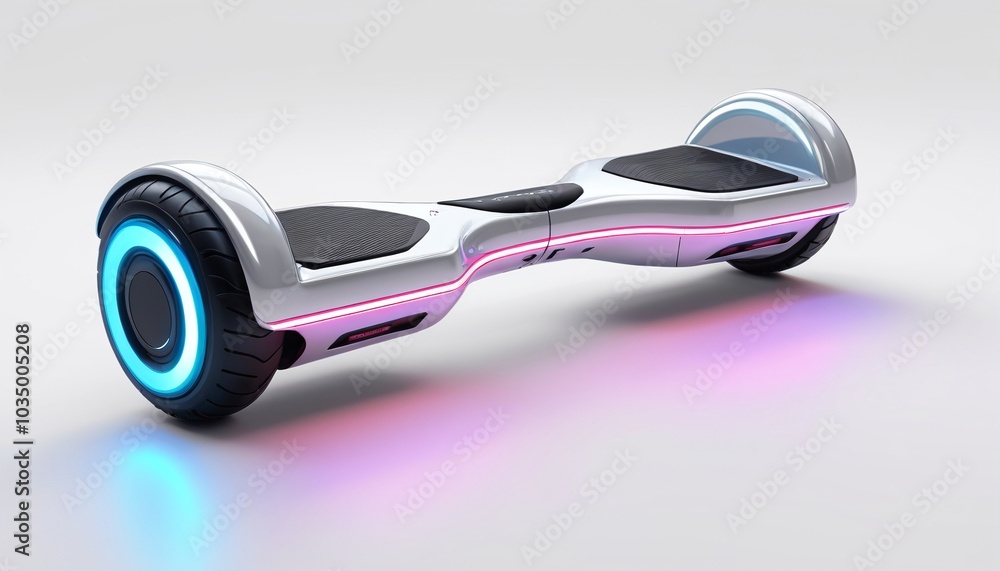 A sleek model of a hoverboard with neon lights resting on a polished white background, representing futuristic transportation in video games, Generative AI A sleek model of a hoverboard with neon lights resting on a polished white background, representing futuristic transportation in video games, Generative AI