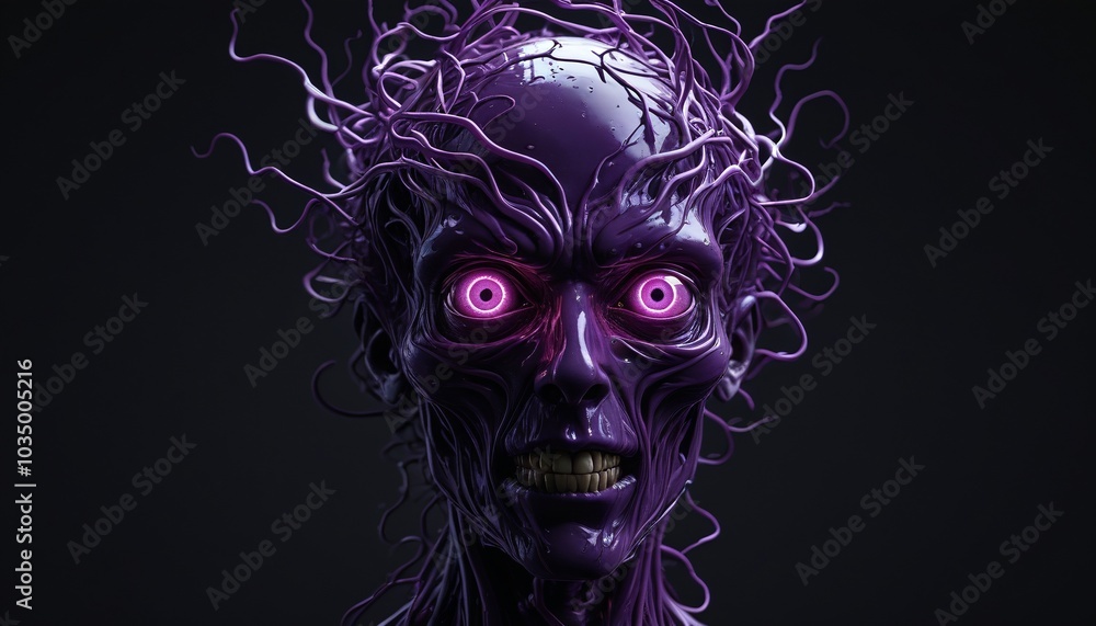 A floating, disembodied head with glowing purple eyes and tendrils of shadow swirling beneath, cackling menacingly in the darkness, Generative AI A floating, disembodied head with glowing purple eyes and tendrils of shadow swirling beneath, cackling menacingly in the darkness, Generative AI