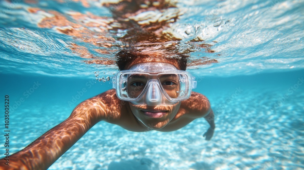 Naklejka premium This image shows a swimmer beneath crystal-clear waters, wearing goggles and capturing the essence of aquatic freedom and exploration under sunlight glimmers.