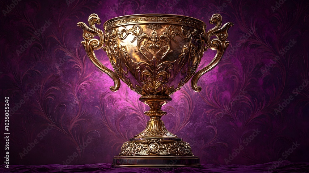 Ornate gold trophy with intricate carvings, standing tall on a royal purple patterned background, hyper-realistic style, glowing edges, soft metallic reflections Ornate gold trophy with intricate carvings, standing tall on a royal purple patterned background, hyper-realistic style, glowing edges, soft metallic reflections