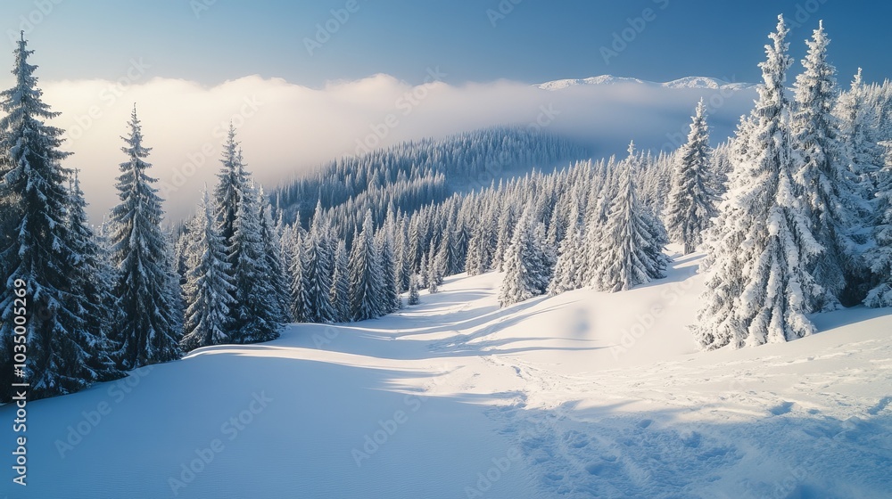Obraz premium A breathtaking winter scene featuring snow-covered evergreens and distant mountains shrouded in mist creates a serene and awe-inspiring natural landscape.