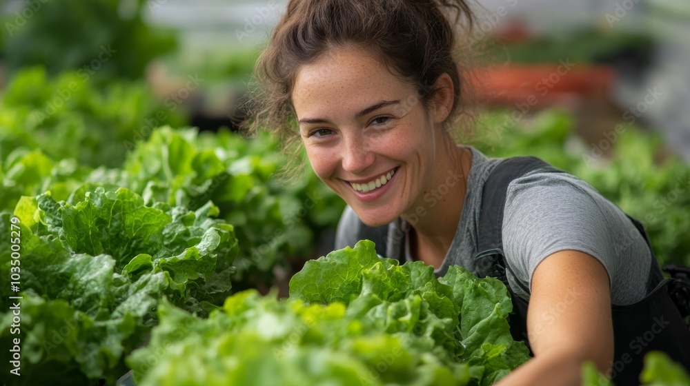 A dedicated woman nurturing and harvesting vibrant green lettuce within a greenhouse, capturing sustainable farming practices and the essence of organic agriculture. A dedicated woman nurturing and harvesting vibrant green lettuce within a greenhouse, capturing sustainable farming practices and the essence of organic agriculture.