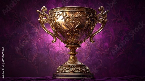 Ornate gold trophy with intricate carvings, standing tall on a royal purple patterned background, hyper-realistic style, glowing edges, soft metallic reflections photo