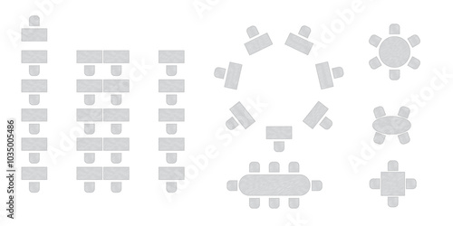 Wedding seating plan element. Conference banquet seminar classroom interior, conference hall and seminar room interior design. Vector top view of arrangement of banquet furniture seats illustration