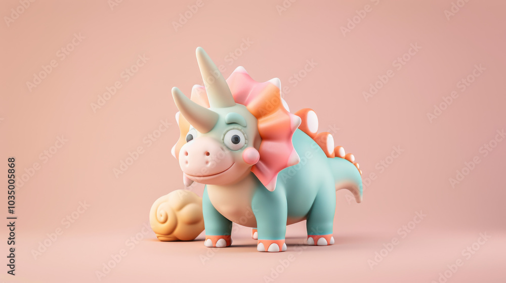 Cute 3D Cartoon Triceratops Dinosaur with Pink Frill and Big Eye Cute 3D Cartoon Triceratops Dinosaur with Pink Frill and Big Eye