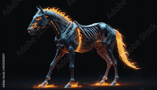 A skeletal horse draped in tattered barding, glowing spectral flames licking its hollow eyes as it stands motionless in the blackness, Generative AI photo