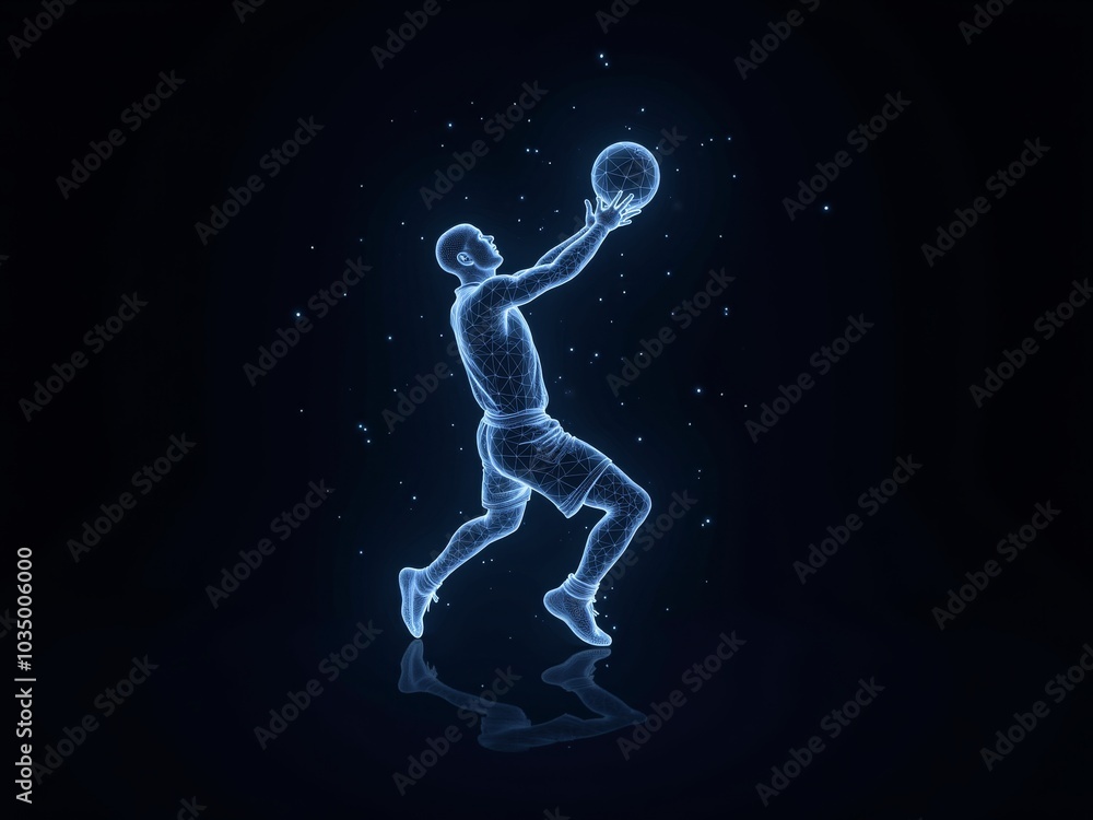Futuristic hologram of basketball player jumping on dark background Futuristic hologram of basketball player jumping on dark background