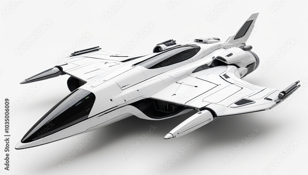 A dynamic model of a sleek spaceship with futuristic designs resting on a smooth white background, symbolizing exploration and adventure in sci-fi games, Generative AI A dynamic model of a sleek spaceship with futuristic designs resting on a smooth white background, symbolizing exploration and adventure in sci-fi games, Generative AI