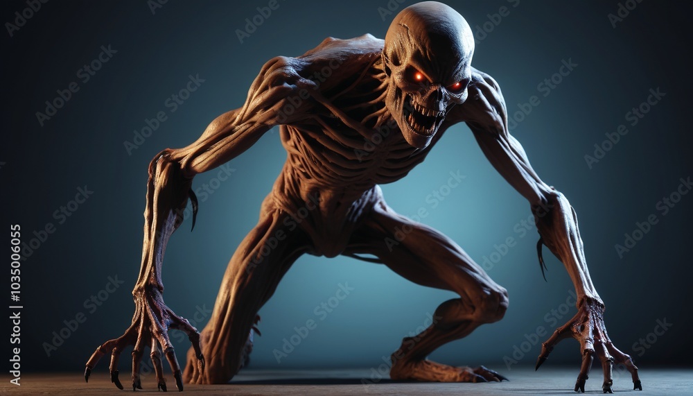 A ghastly, four-armed ghoul with sharp claws and a disfigured face, hunched over as it prowls the shadows, its eyes glowing faintly, Generative AI A ghastly, four-armed ghoul with sharp claws and a disfigured face, hunched over as it prowls the shadows, its eyes glowing faintly, Generative AI