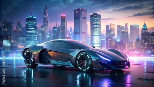 design of futuristic a car with light cityscape