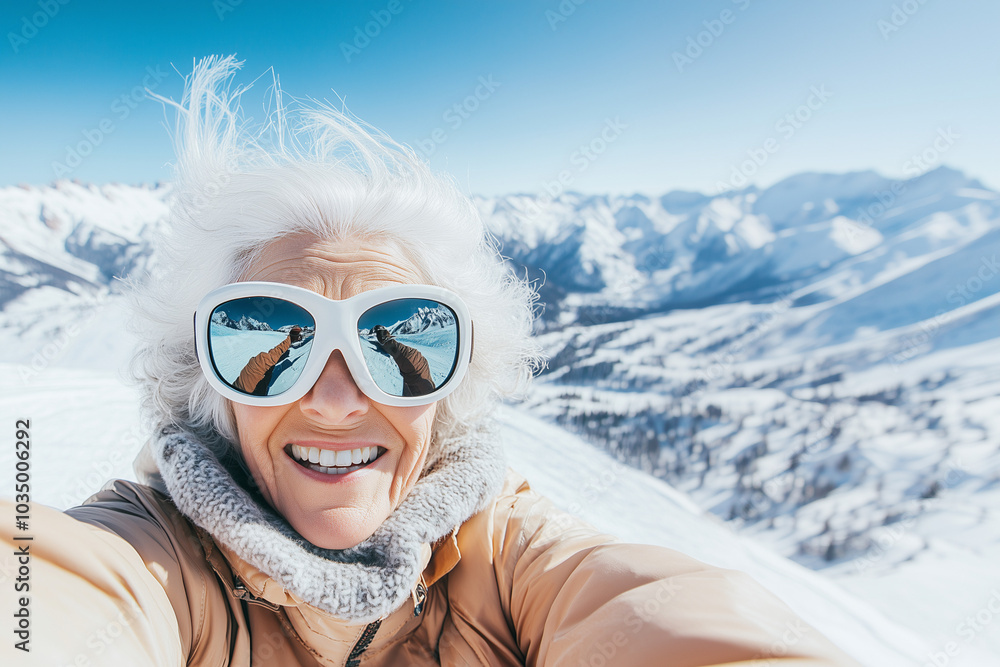 POV selfie. nice and active senior woman in snow mountains, skiing, resting, snowboard. warm natural colors -