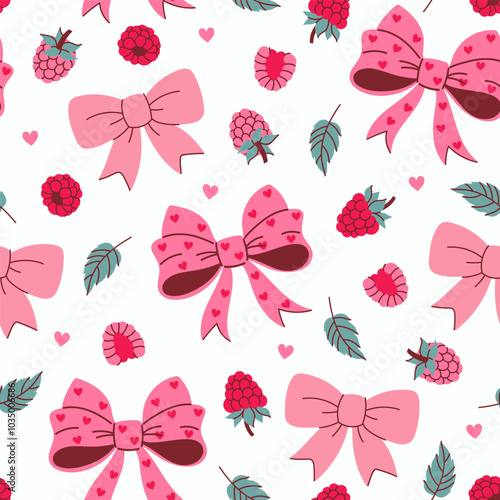 Seamless pattern of raspberries and bows on a white background. Vector graphics.