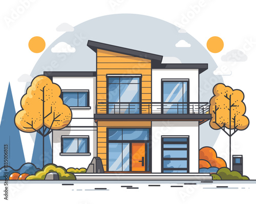 Modern house in the autumn. Vector illustration in a flat style.