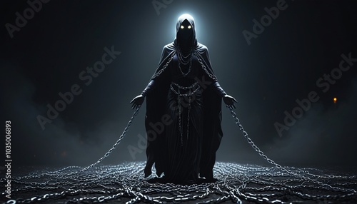 A shadowy figure with glowing white eyes, wrapped in ethereal chains, hovering above the ground with an air of malevolence, Generative AI