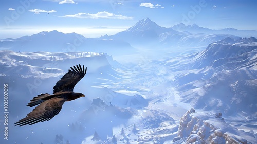 A majestic eagle soars over a breathtaking snowy mountain landscape.