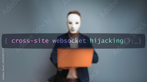 Cybersecurity conceptcross-site websocket hijacking on foreground screen, hacker silhouette hidden with low poly mask. Vulnerability and attack on colored code editor. photo