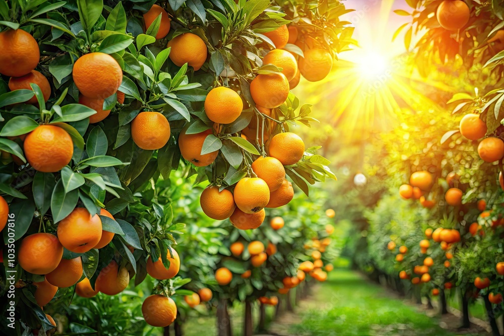 Sunlight bathes a vibrant orange orchard, with plump, ripe fruits suspended from rich green leaves, painting a beautiful picture of abundance and vitality. Sunlight bathes a vibrant orange orchard, with plump, ripe fruits suspended from rich green leaves, painting a beautiful picture of abundance and vitality.