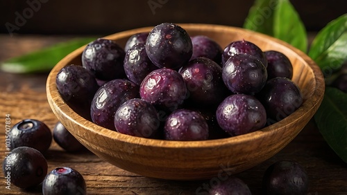 Wallpaper Mural A close-up of nutrient-rich Brazilian açaí berries in a rustic wooden bowl, showcasing their deep purple hue and superfood status. Torontodigital.ca