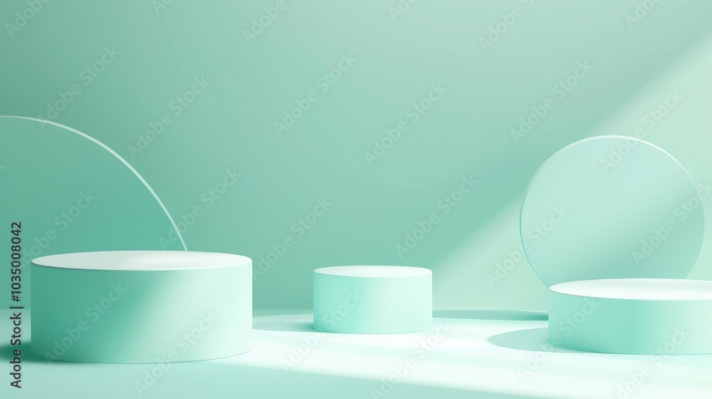 Mockup of a three teal cylinder podium platform with geometric circle on green pastel wall Mockup of a three teal cylinder podium platform with geometric circle on green pastel wall