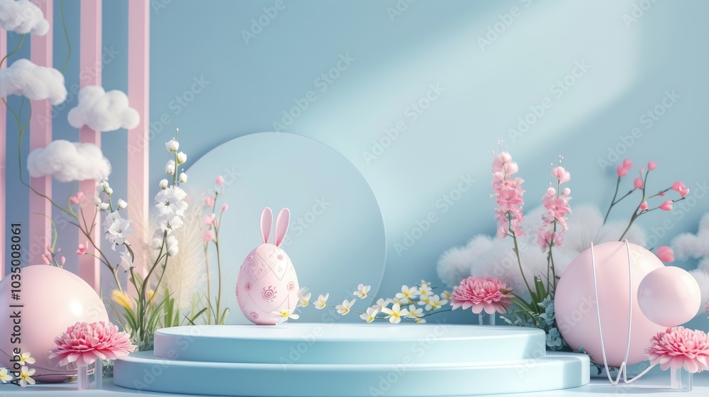 Amazing blue podium pedestal stage decorated with easter eggs and variant flowers on blue wall background