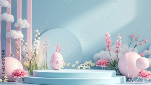 Obraz na płótnie Amazing blue podium pedestal stage decorated with easter eggs and variant flowers on blue wall background w salonie