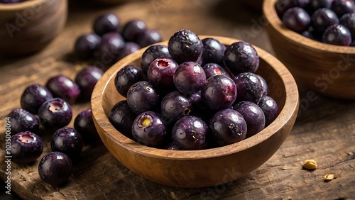 Wallpaper Mural A close-up of nutrient-rich Brazilian açaí berries in a rustic wooden bowl, showcasing their deep purple hue and superfood status. Torontodigital.ca