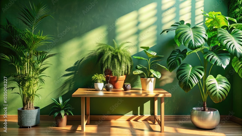 Sunlight casts intricate leaf shadows on a vibrant green wall, while a wooden table and indoor plants create a serene, natural atmosphere in the background. Sunlight casts intricate leaf shadows on a vibrant green wall, while a wooden table and indoor plants create a serene, natural atmosphere in the background.