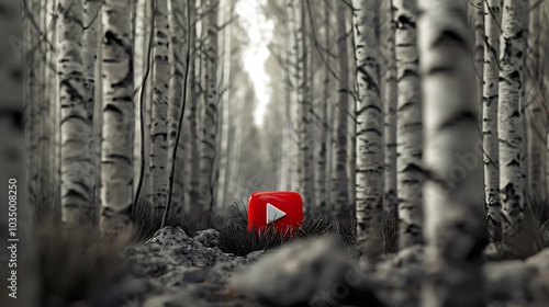 A red youtube diamond button amidst a grove of birches