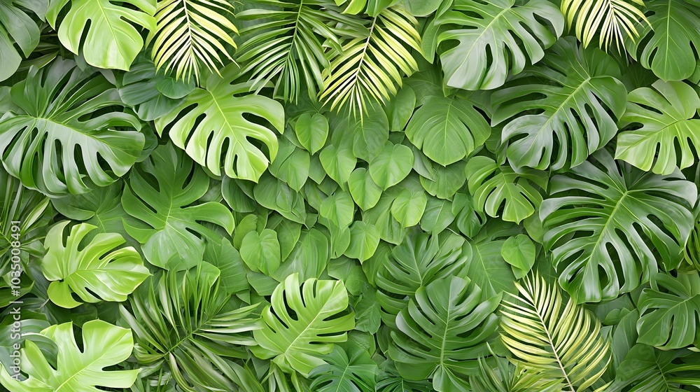 Tropical Foliage Wall Arrangement with Monstera and Palm Leaves in 3D Render Tropical Foliage Wall Arrangement with Monstera and Palm Leaves in 3D Render