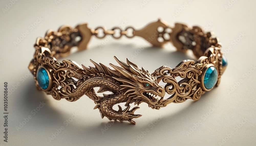 A dragon-shaped charm bracelet made of rare metals, each charm representing a different elemental power, resting on a soft silk surface, Generative AI A dragon-shaped charm bracelet made of rare metals, each charm representing a different elemental power, resting on a soft silk surface, Generative AI