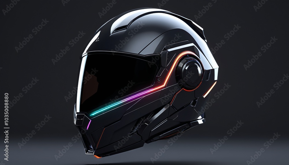 Fototapeta premium A sleek, futuristic helmet with glowing visor and angular design, suspended midair, reflecting a subtle light in the void, Generative AI