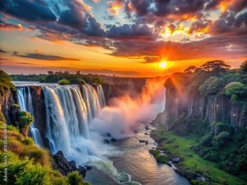 Sunset casts a golden glow over Victoria Falls, illuminating the Zambezi River and showcasing the breathtaking natural splendor of Zimbabwe's landscape in vibrant hues. Sunset casts a golden glow over Victoria Falls, illuminating the Zambezi River and showcasing the breathtaking natural splendor of Zimbabwe's landscape in vibrant hues.