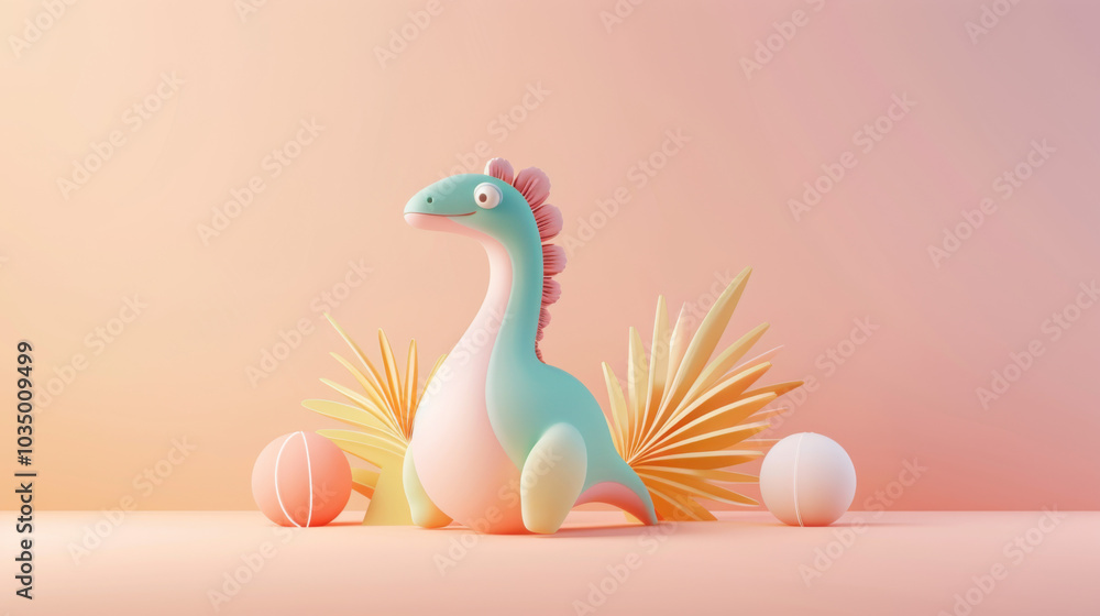 Fototapeta premium Cute Cartoon Dinosaur with Tropical Plants and Balls on a Pink B